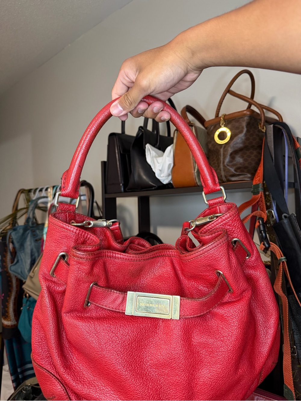 Burberry Red Leather Belted Hobo